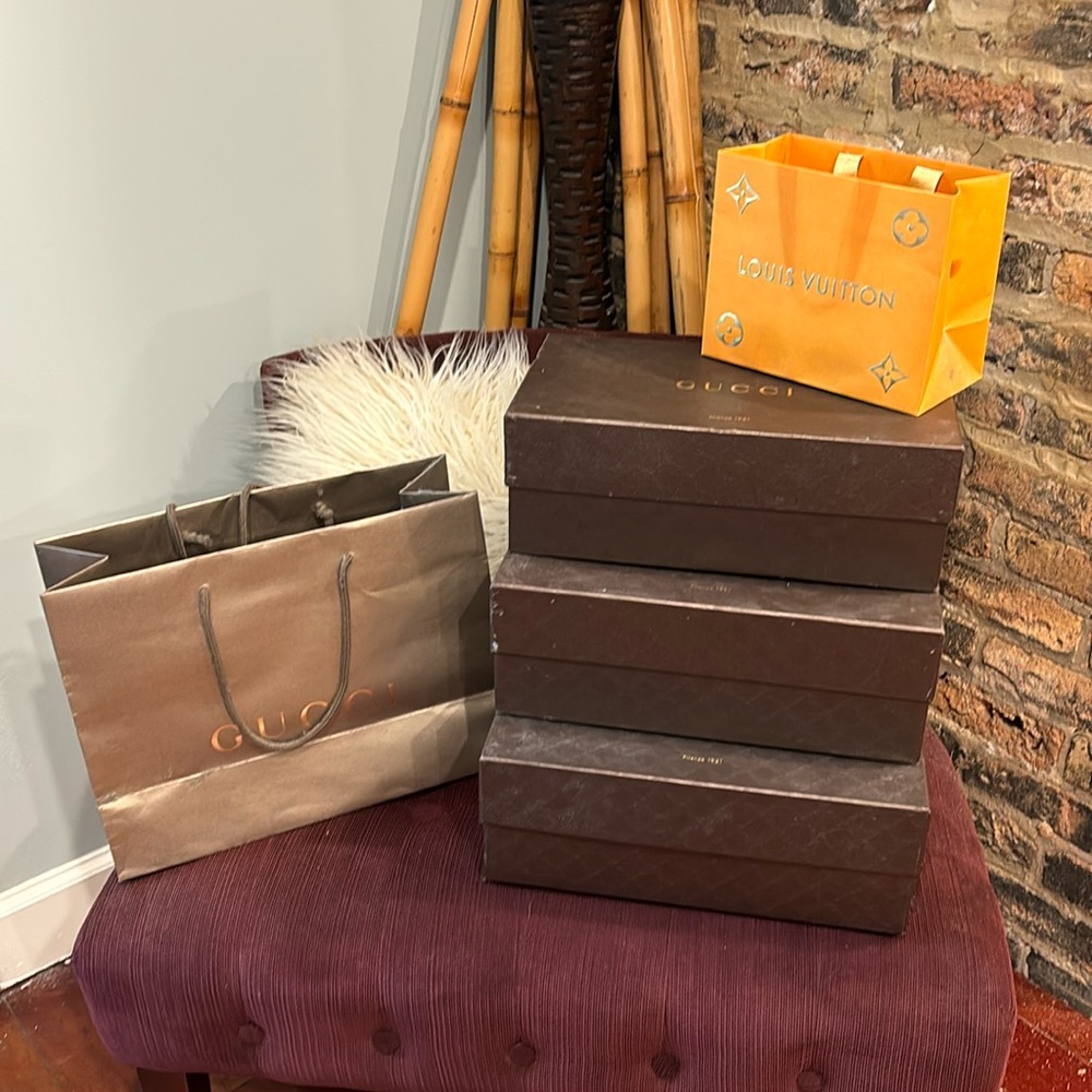 (3) Gucci Shoe Boxes, Gucci Bag & Louis Vuitton Gift Bag + More